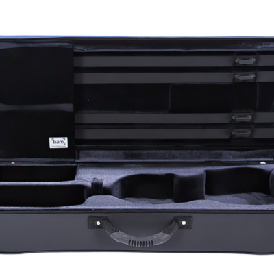 Estojo preto para instrumento musical com interior cinza e várias divisões