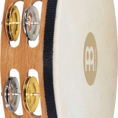 Pandeireta de madeira com pele branca e jingles metálicos