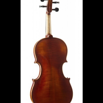 Violino de madeira castanha avermelhada visto de trás