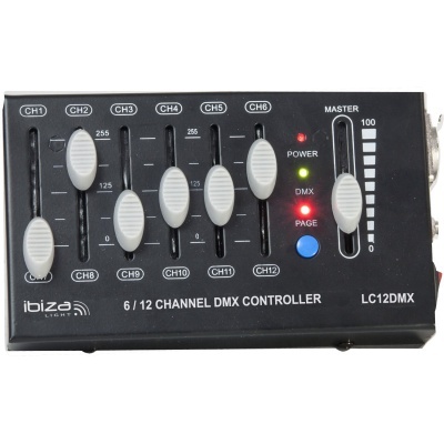 Controlador DMX preto com sliders brancos e LEDs coloridos