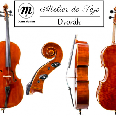 Quatro vistas de violoncelo de madeira castanha com rótulo 'Atelier do Tejo Dvořák' e logo 'Outra Música'
