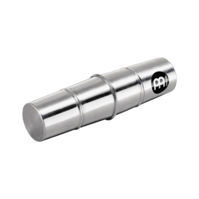 Instrumento musical de metal prateado com logótipo MEINL