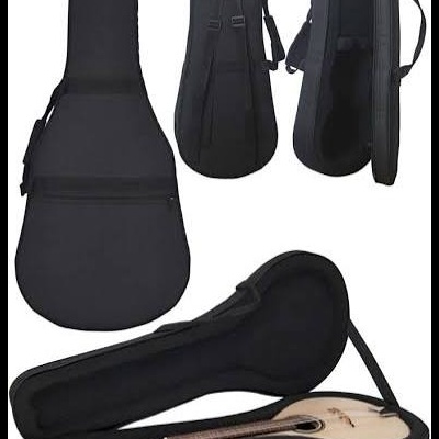 Capas pretas para guitarra acústica com logo APC, incluindo uma capa aberta com guitarra dentro.