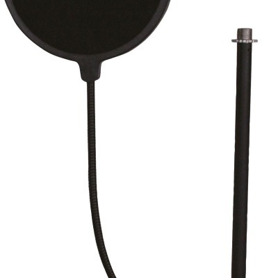 Pop filter preto circular com suporte flexível e fixação a suporte vertical