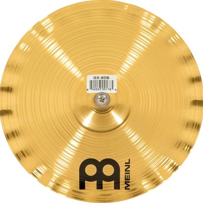 Prato de bateria dourado texturizado com etiqueta GX-8DB e logótipo MEINL