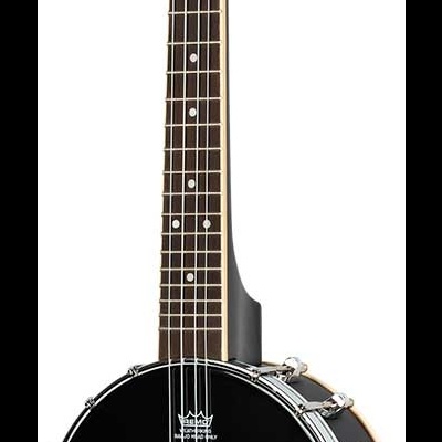 Banjo preto com detalhes metálicos prateados e braço em madeira escura