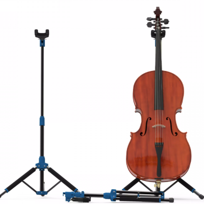 Suporte metálico para violoncelo preto e azul ao lado de um violoncelo castanho em fundo branco