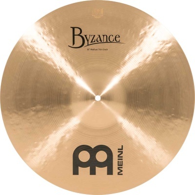 Prato de bateria dourado com texto Byzance e Meinl