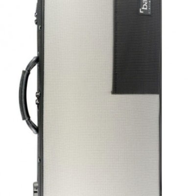 Estojo rígido cinza e preto para instrumento musical com alça e etiqueta bam