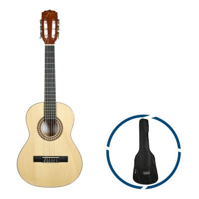 Guitarra clássica de madeira clara com bolsa preta para transporte