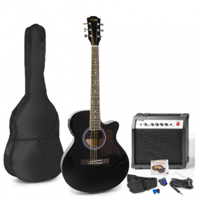 Kit de guitarra elétrica preta com amplificador e acessórios