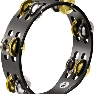 Pandeiro metálico preto com pratos dourados e prateados