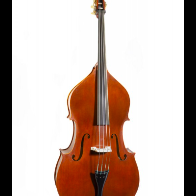 Contrabaixo acústico em madeira castanha com cordas metálicas e cravelhas douradas