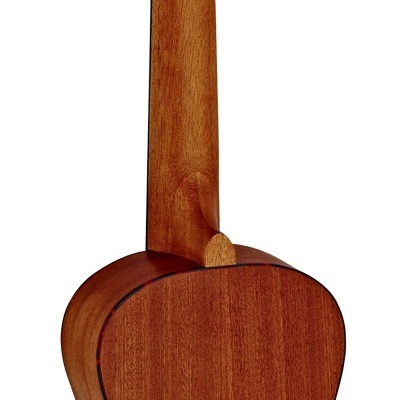 Vista traseira de violão ou ukulele em madeira castanha com cravelhas metálicas e botões pretos