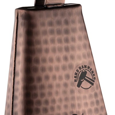 Campainha de percussão em metal com textura martelada e acabamento cobre escuro