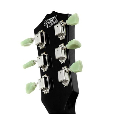 Cabeça de guitarra elétrica preta com cravelhas metálicas e botões verdes