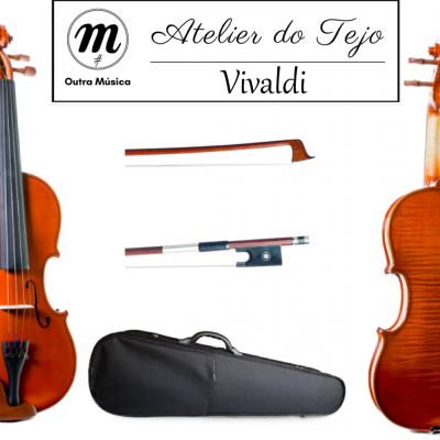 Violino e arco com capa preta sobre fundo branco, texto 'Atelier do Tejo Vivaldi Outra Música'
