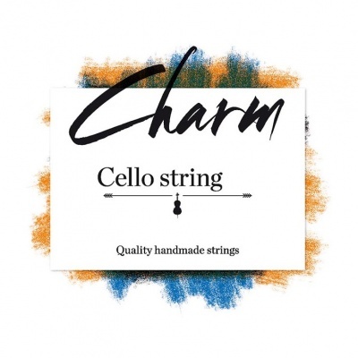 Etiqueta de corda de violoncelo Charm com fundo azul e laranja