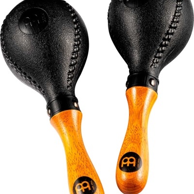 Par de maracas com cabos de madeira e cabeças pretas texturizadas