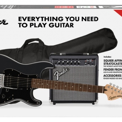 Conjunto para guitarra com guitarra eléctrica preta, amplificador e capa numa embalagem branca