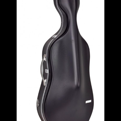 Mala rígida preta para violoncelo com fechos prateados e alça lateral