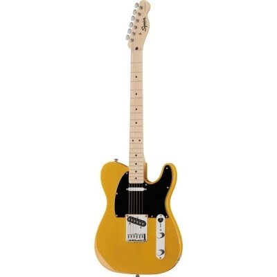 Guitarra elétrica Squier amarela com pickguard preto e braço de madeira clara