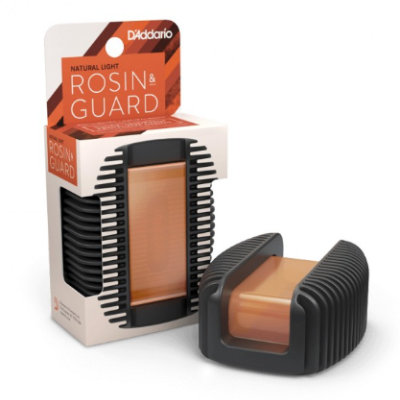 Resina para arco D'Addario Natural Light Rosin & Guard com suporte preto e embalagem branca