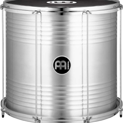 Tambor de percussão em metal prateado com membrana preta e logo MEINL