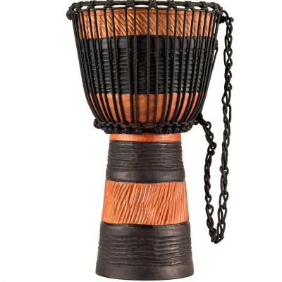 Tambor djembe em madeira com cordas negras e correia preta