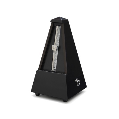 Metrónomo preto com cristal de vidro e botão metálico