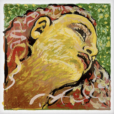 Pintura abstrata de rosto feminino inclinado com fundo verde e detalhes amarelos
