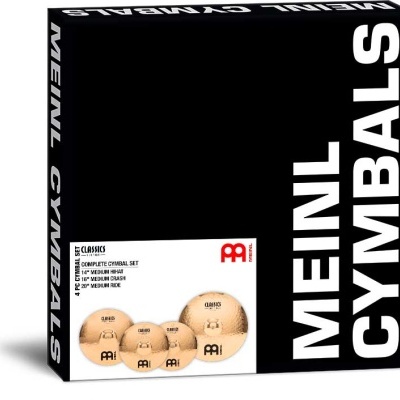 Conjunto de pratos de bateria MEINL CYMBALS em caixa preta com letras brancas.