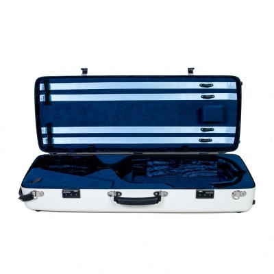 Estojo para violino branco com interior azul escuro e branco e fechos metálicos