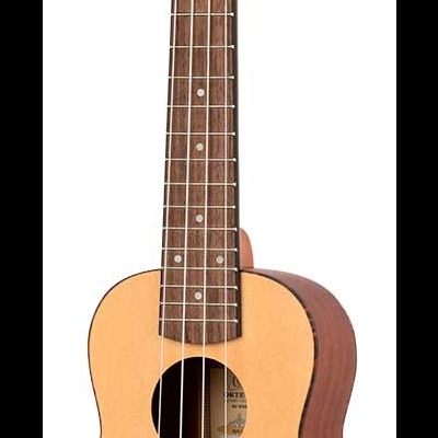 Ukulele acústico de madeira com detalhe floral e quatro cordas