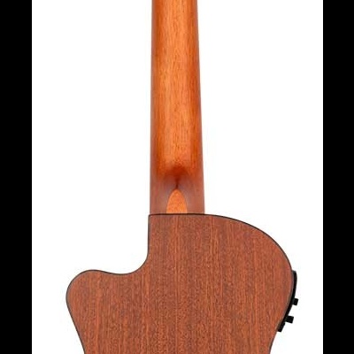 Parte traseira de ukulele ou violão pequeno em madeira castanha com cravelhas metálicas e botões pretos