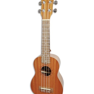 Ukulele de madeira castanho claro com texto 'Maori' no cabeçote