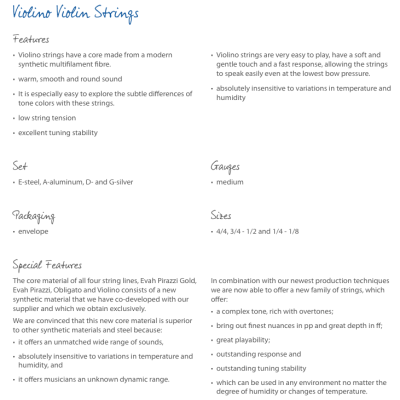 Documento com texto em inglês sobre cordas de violino e suas características