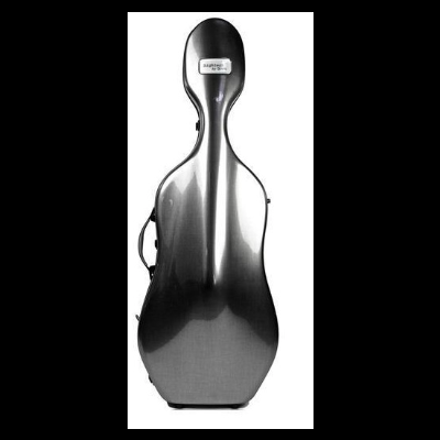 Estojo rígido prateado para violoncelo com etiqueta branca