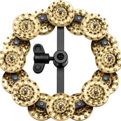 Instrumento musical metálico dourado com doze pratos circulares montados num suporte preto circular