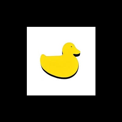 Produto em espuma amarelo em forma de pato com contornos pretos