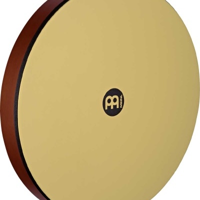 Pandeireta redonda com pele amarela e corpo em madeira castanha