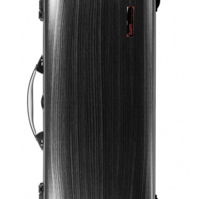 Estojo rígido para instrumento musical cinza com padrão de madeira e etiqueta bam france