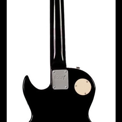 Guitarra elétrica preta vista de trás com acabamentos em creme e tarraxas cromadas