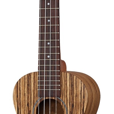 Ukulele de madeira com padrão riscado castanho e bege