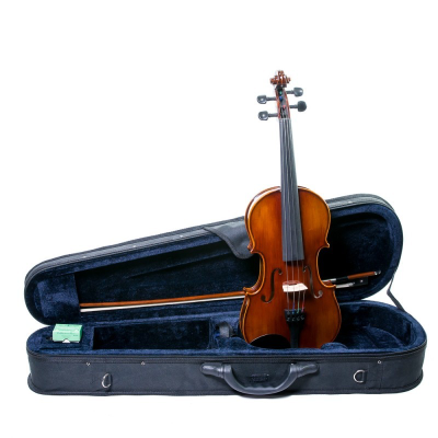 Violino castanho em estojo preto acolchoado azul escuro com arco