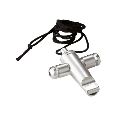 Apito cromado com três câmaras e cordão preto