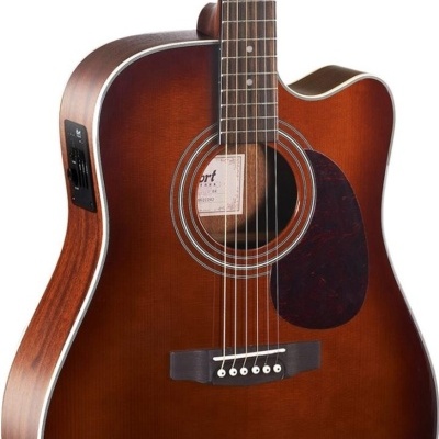 Guitarra acústica castanha com corpo recortado e seis cordas