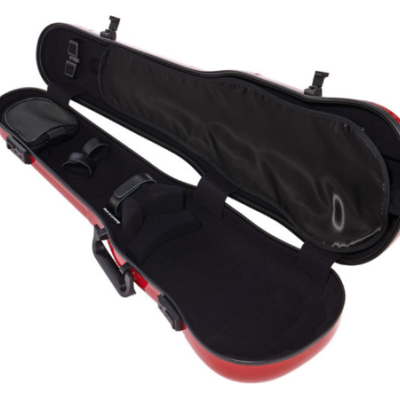 Estojo de violino vermelho com interior preto acolchoado e divisórias