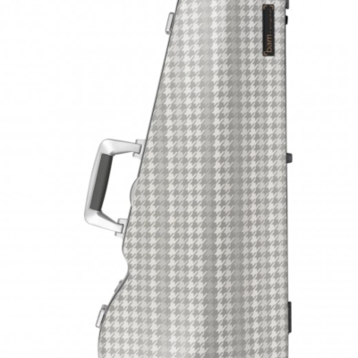 Estojo para instrumento musical cinza com padrão pied-de-poule e alça branca