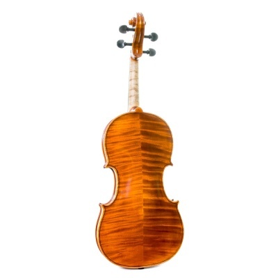 Violino de madeira com acabamento castanho visto de trás
